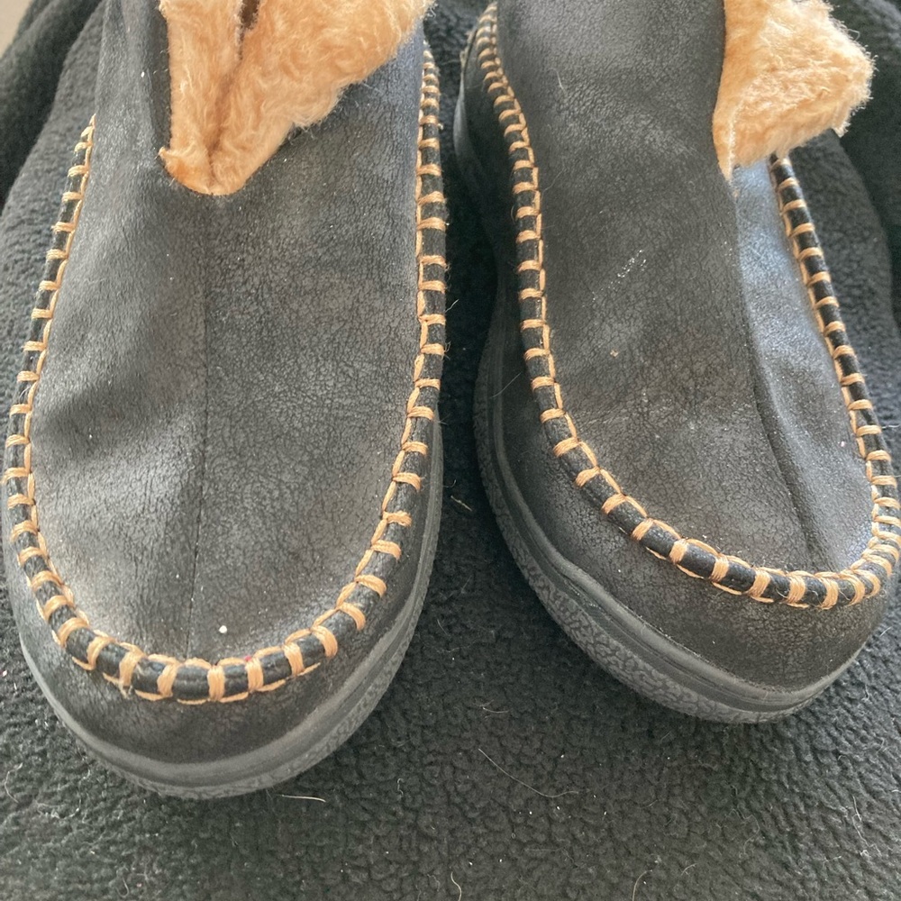 Black and Tan Faux Suede and Faux Fox Slippers with Plush Collar
